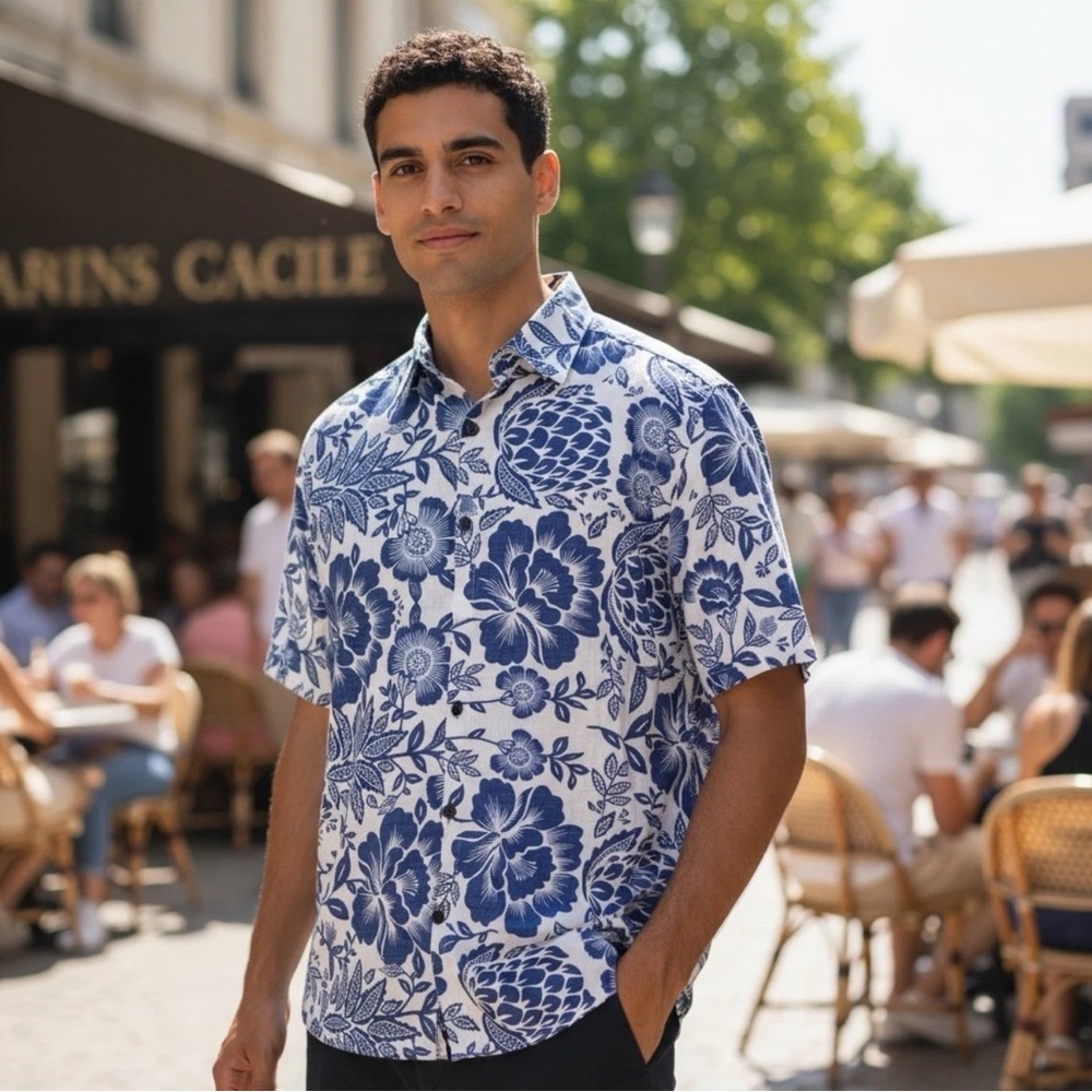 VatPave Hawaiian‎ Aloha Shirt Men's  L Blue Short Sleeve Button Up Vacation